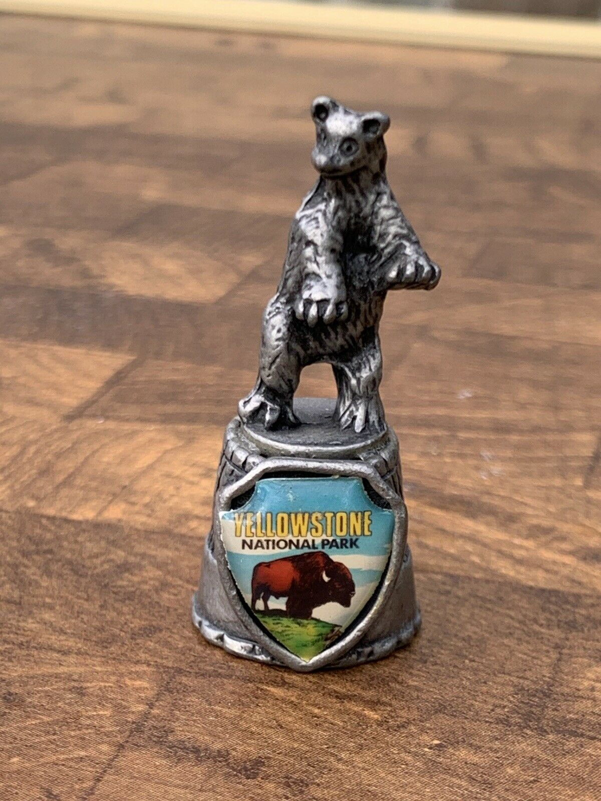 Yellowstone National Park Souvenir Pewter Thimble W/ Grizzly Bear Topper