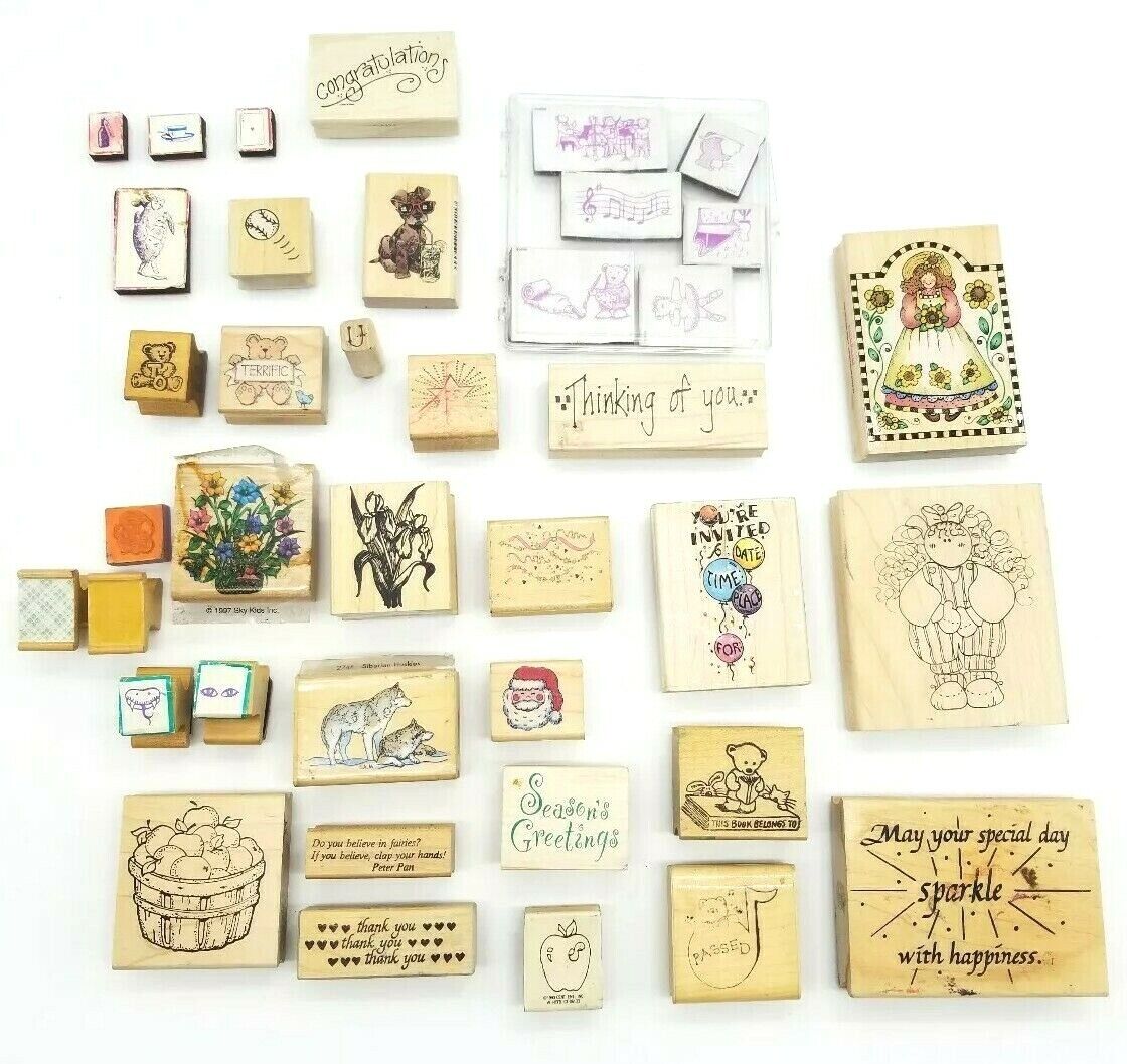 25 Wooden Stamp Lot Christmas Flowers Teaching Dogs Bear Scrapbook Crafting