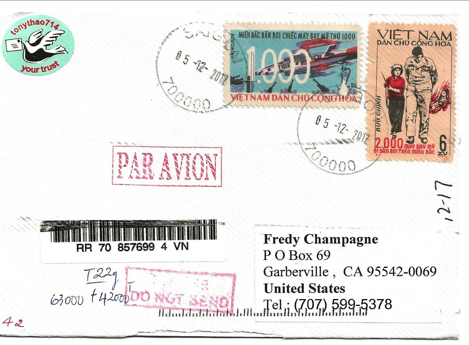 North Vietnam Cover 2012 Airmail Frank With 1000 And 2000 Planes Shot Down
