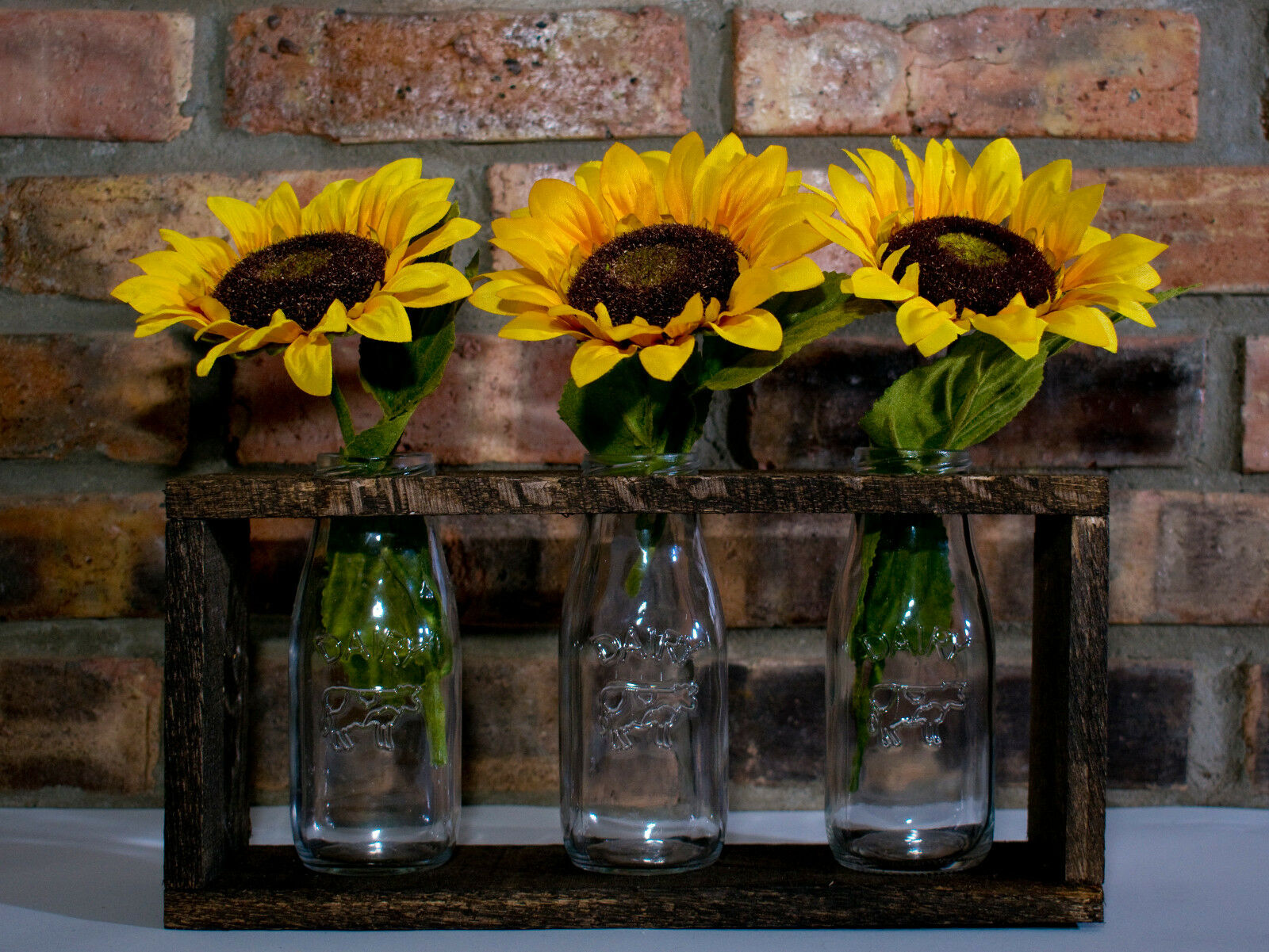 3- 6" Glass Milk Bottles W/ Reclaimed Wood Holder & Flowers! Great Gift Idea!