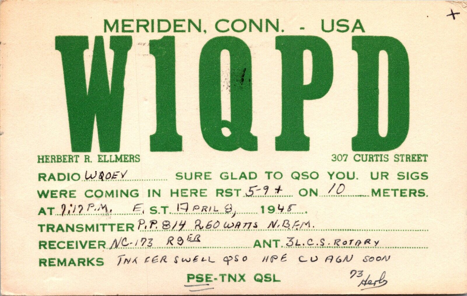 Vtg Ham Radio Cb Amateur Qsl Qso Card Postcard Connecticut W1qpd Meriden 1948