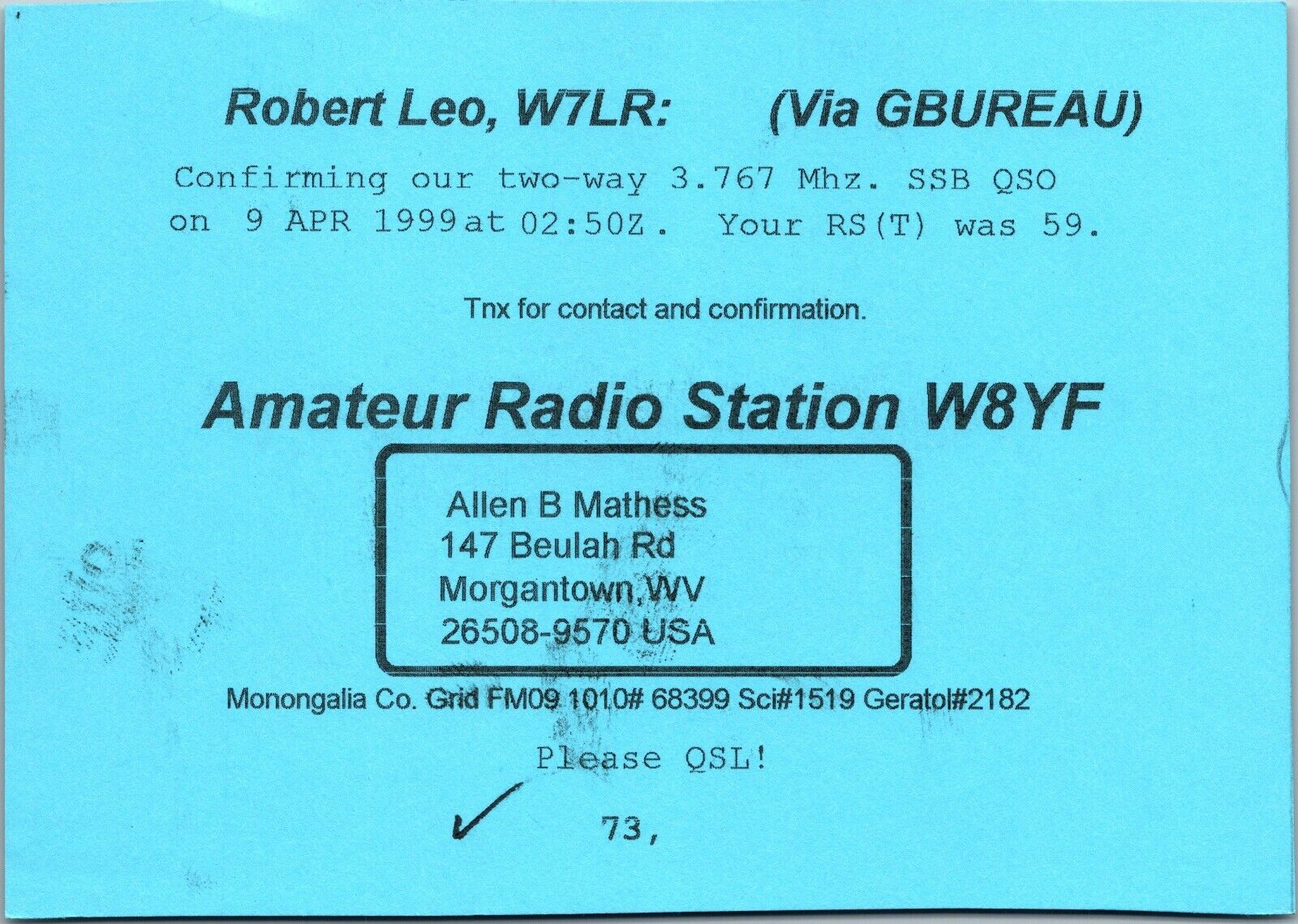 Vtg Ham Radio Cb Amateur Qsl Qso Card Postcard W Virginia W8yf Morgantown 1999