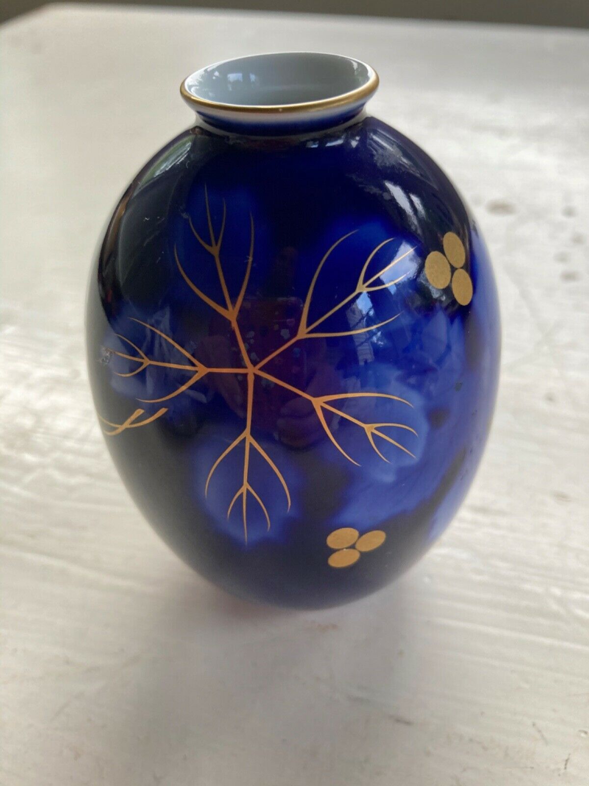 Cobalt Blue Glazed Bud Vase With Gold Rim And Accents Japan Free Shipping