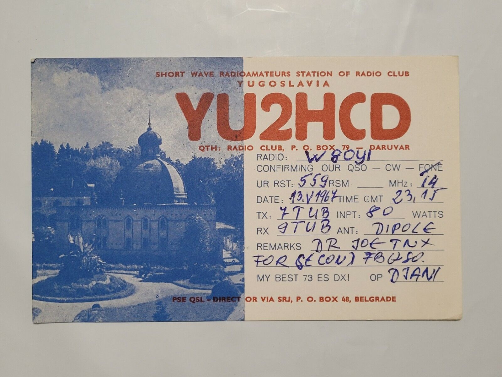 Vtg Ham Radio Cb Amateur Qsl Qso Card Postcard Yugoslavia Yu2hcd 05/1967