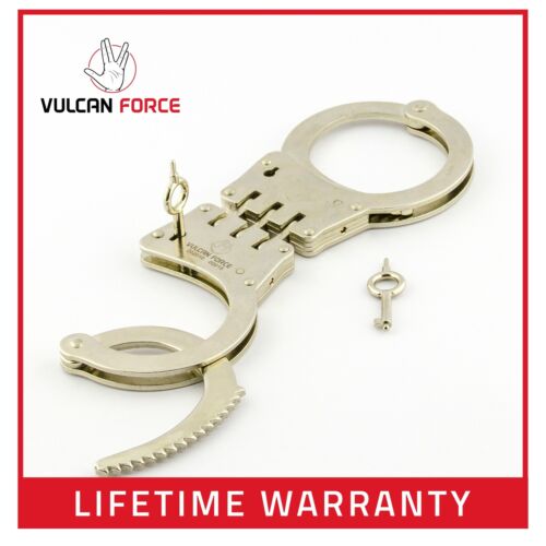 Vulcanforce Hinged Double Lock Handcuff, Steel, Military Grade, Nickel Plated