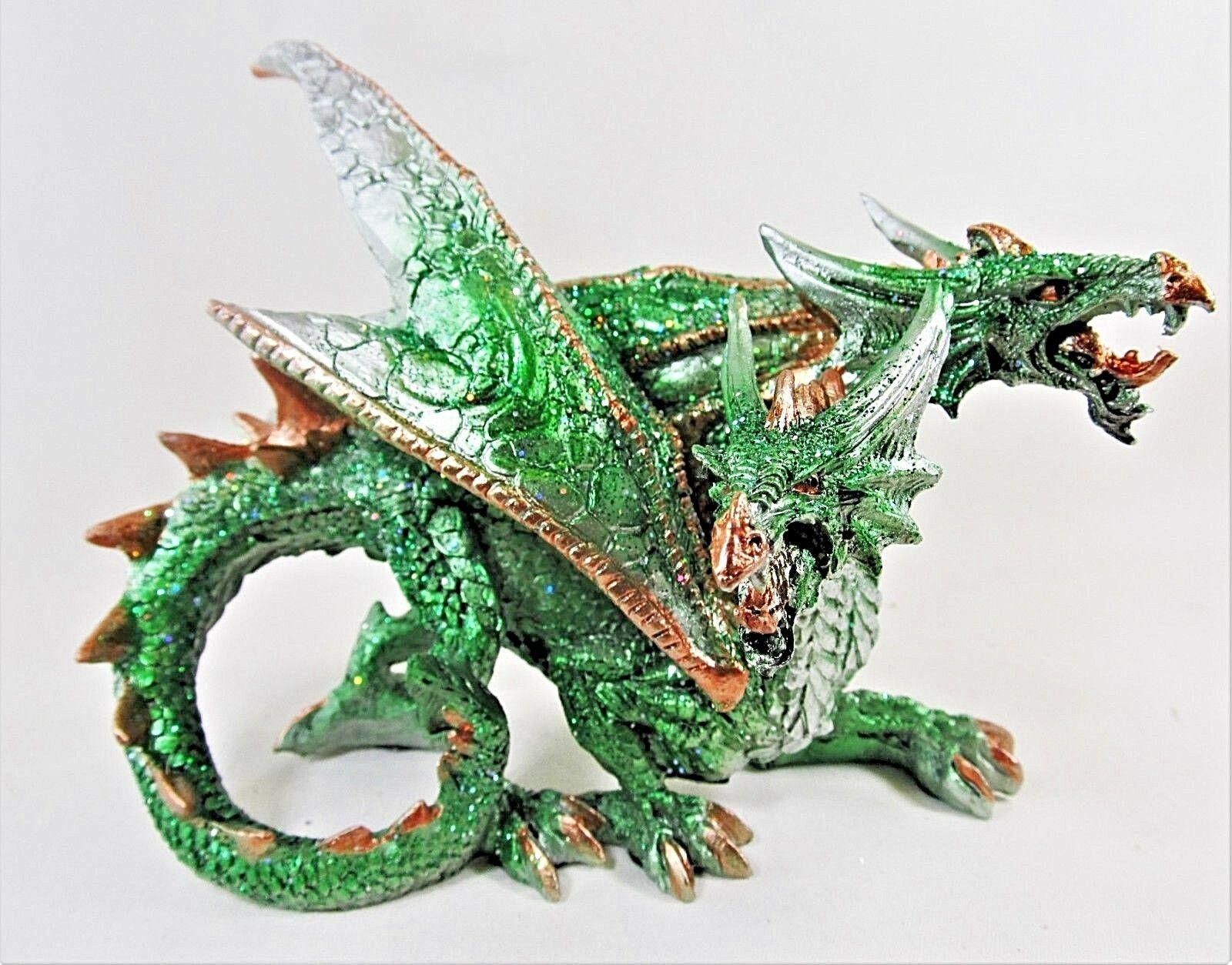 Dragon 2 Headed Green W/gold Highlights Mythical Fantasy Decor