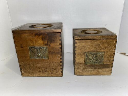Vintage Set Of Two Nesting Wood Canisters W/ American Eagle